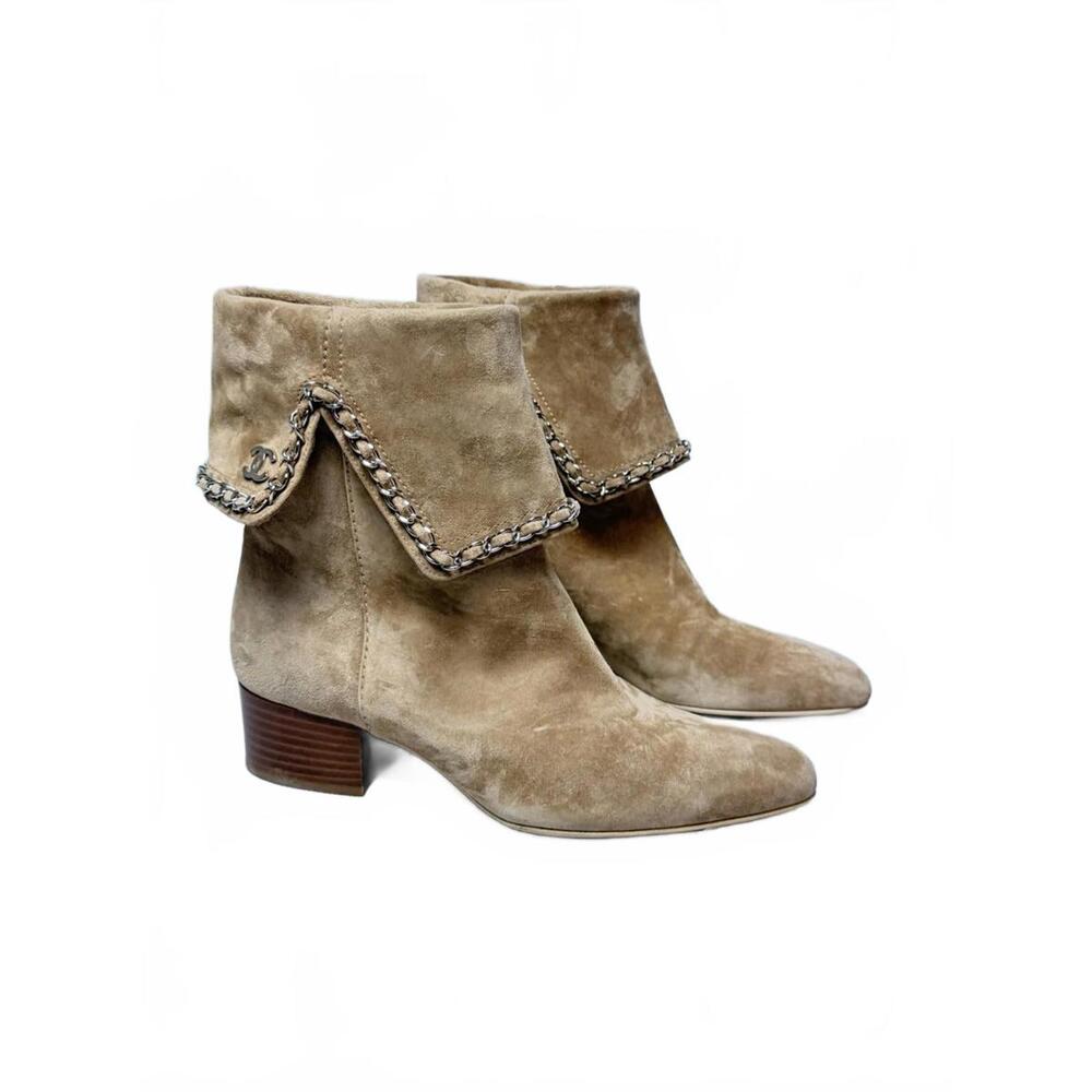 Chanel Suede Chain Trim Fold-Over Ankle Boots SZ 37 Used